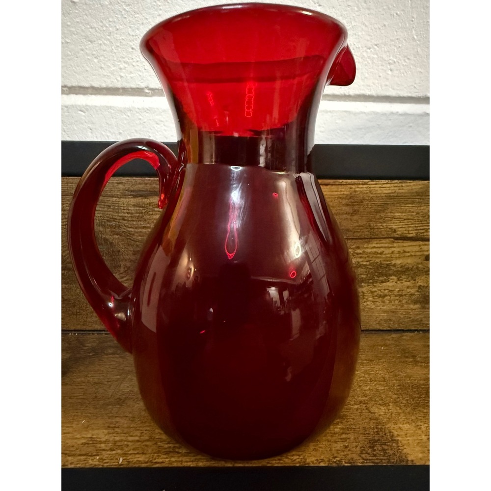 Rare signed Ruby Red Glass Pitcher by Chet Cole Hand Blown Water Carafe